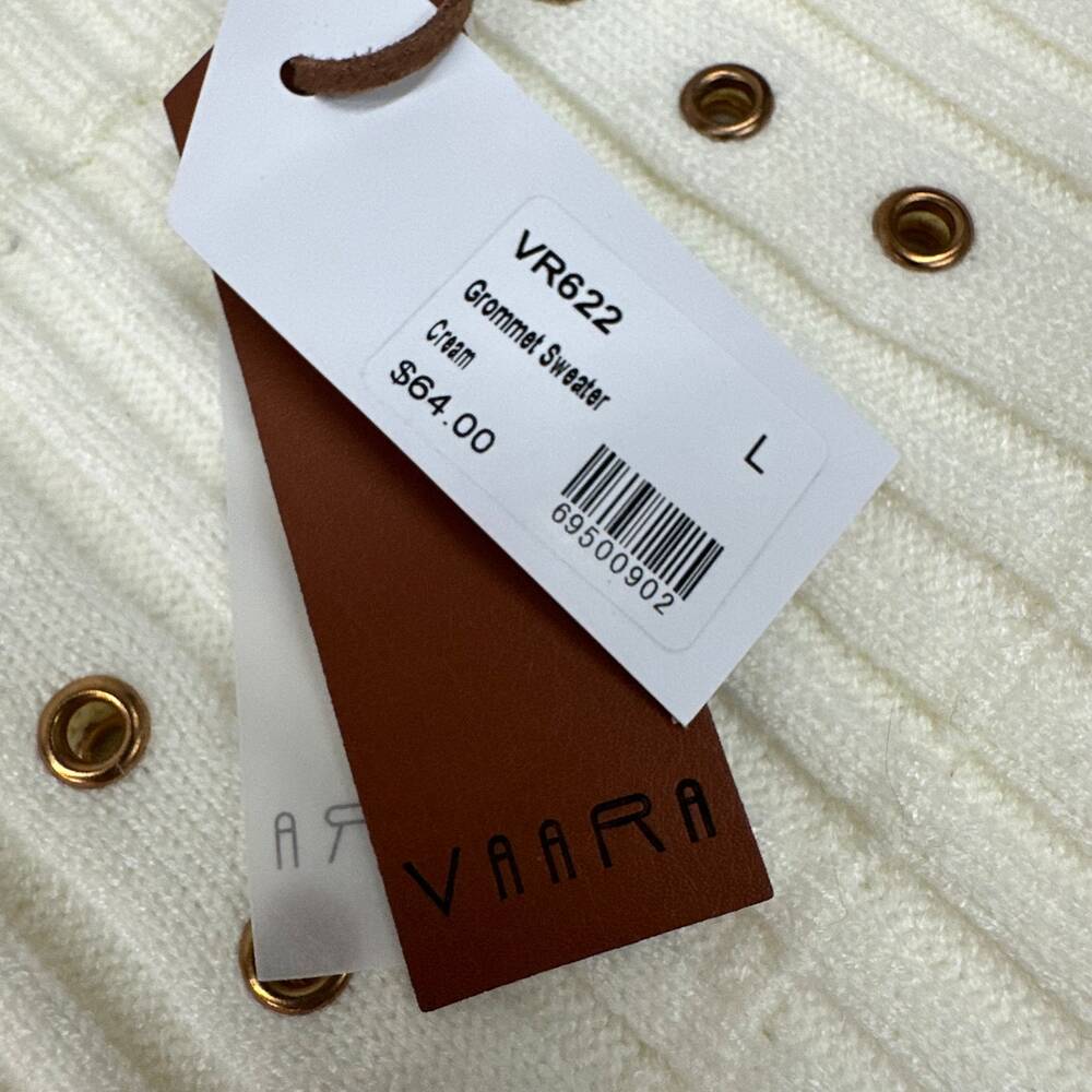 Vaara VR622 Grommet Sweater Women Large Cream Ribbed Knit Gold Stud Pullover - Picture 4 of 6